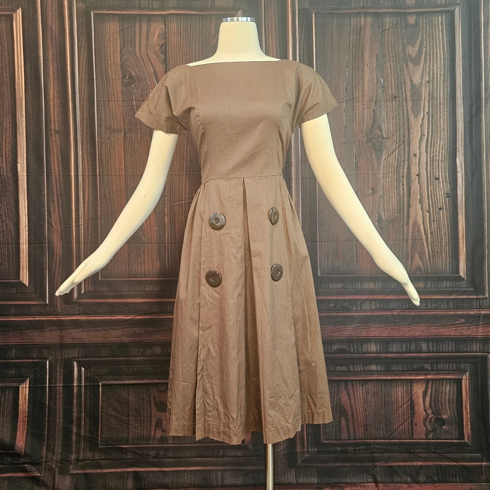 Vintage 1950s Brown Cotton Fit and Flare Dress Bateau Neck Button Detail Sz 14